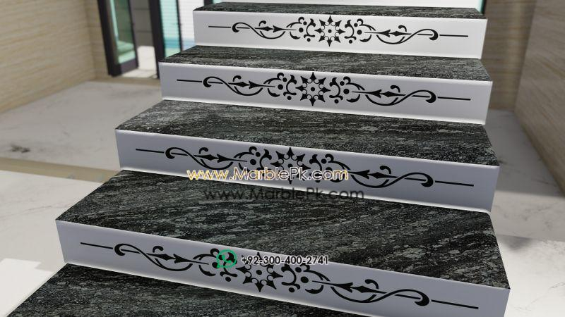 Grainte Riser Black River Granite with cnc riser white floral stairs - Marble Pk