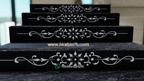 Black River Granite with cnc riser white floral Marble Granite Stairs Designs in Pakistan www.marblepk.com 8