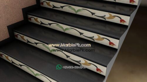 Black with Floral Riser in Beige MArble Stairs Design in pakistan www.Marblepk.com 4