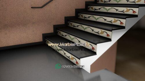 Black with Floral Riser in Beige MArble Stairs Design in pakistan www.Marblepk.com 6