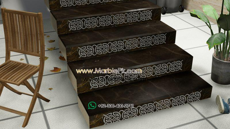 Coffee Brown Marble With White Carving Stairs Marble Pk