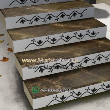 Coffee brown marble with Black White Carved CNC Floral Riser Marble Granite Stairs Design in pakistan www.Marblepk.com 1