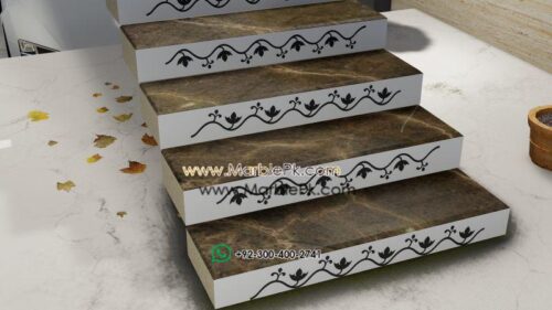 Coffee brown marble with Black White Carved CNC Floral Riser Marble Granite Stairs Design in pakistan www.Marblepk.com 1