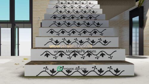 Coffee brown marble with Black White Carved CNC Floral Riser Marble Granite Stairs Design in pakistan www.Marblepk.com 8