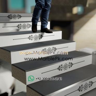 Jet Black Granite with Balck white Carved CNC Floral Riser 1 Marble Granite Stairs Design in pakistan www.Marblepk.com 1