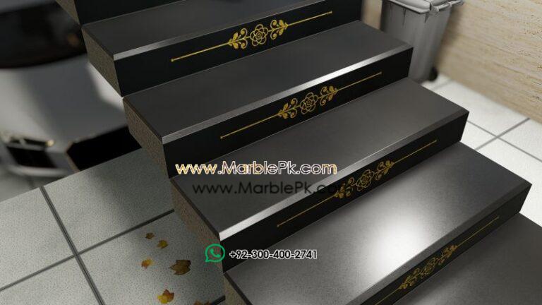 Jet Black Granite with Golden Carved CNC Floral Riser Marble Granite Stairs Design in pakistan www.Marblepk.com 1