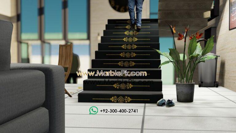Jet Black Granite with Golden Carved CNC Floral Riser Marble Granite Stairs Design in pakistan www.Marblepk.com 10