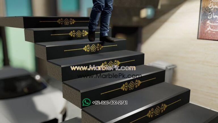 Jet Black Granite with Golden Carved CNC Floral Riser Marble Granite Stairs Design in pakistan www.Marblepk.com 11