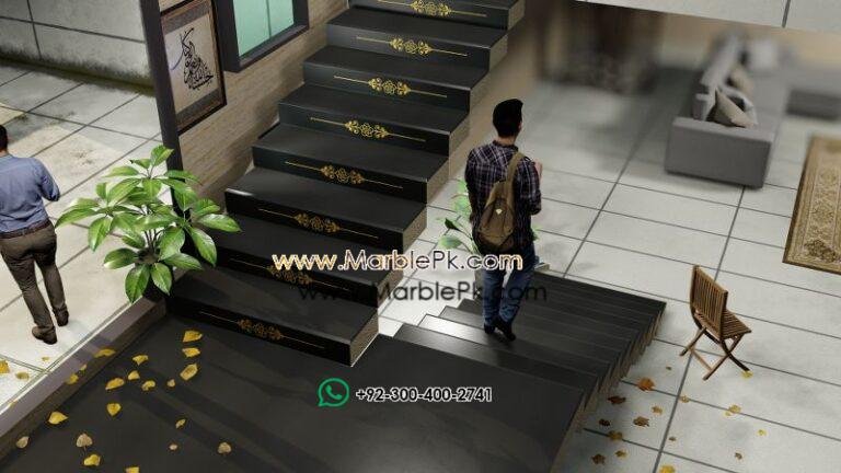 Jet Black Granite with Golden Carved CNC Floral Riser Marble Granite Stairs Design in pakistan www.Marblepk.com 2