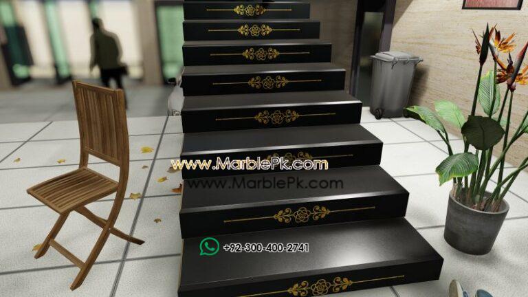 Jet Black Granite with Golden Carved CNC Floral Riser Marble Granite Stairs Design in pakistan www.Marblepk.com 3