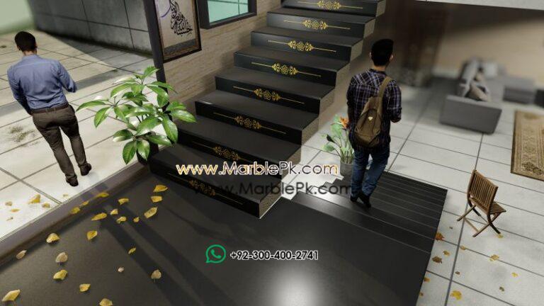 Jet Black Granite with Golden Carved CNC Floral Riser Marble Granite Stairs Design in pakistan www.Marblepk.com 4