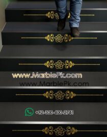 Jet Black Granite with Golden Carved CNC Floral Riser Marble Granite Stairs Design in pakistan www.Marblepk.com 6