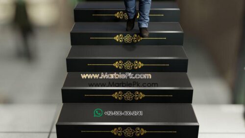 Jet Black Granite with Golden Carved CNC Floral Riser Marble Granite Stairs Design in pakistan www.Marblepk.com 6