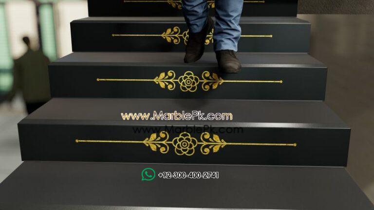 Jet Black Granite with Golden Carved CNC Floral Riser Marble Granite Stairs Design in pakistan www.Marblepk.com 7