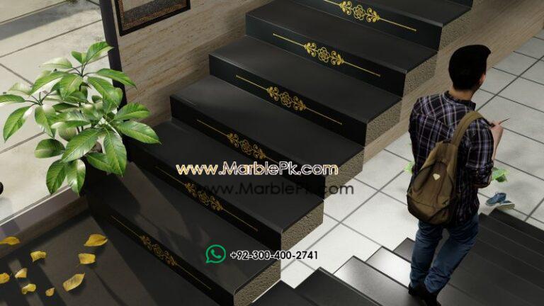 Jet Black Granite with Golden Carved CNC Floral Riser Marble Granite Stairs Design in pakistan www.Marblepk.com 8