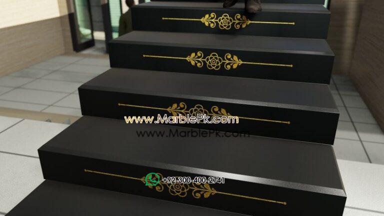 Jet Black Granite with Golden Carved CNC Floral Riser Marble Granite Stairs Design in pakistan www.Marblepk.com 9