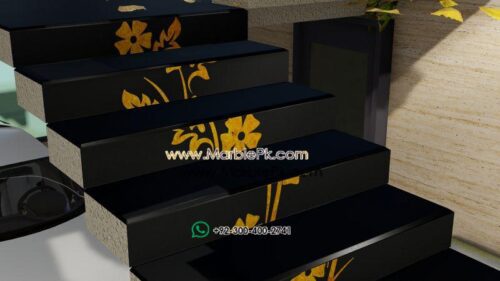 Jet Black Granite with Golden Marble Flower Luxury Marble Granite Stairs Design in pakistan www.Marblepk.com 7