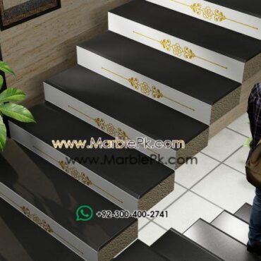 Jet Black Granite with Golden white Carved CNC Floral Riser 1 Marble Granite Stairs Design in pakistan www.Marblepk.com 10