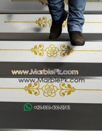 Jet Black Granite with Golden white Carved CNC Floral Riser 1 Marble Granite Stairs Design in pakistan www.Marblepk.com 9