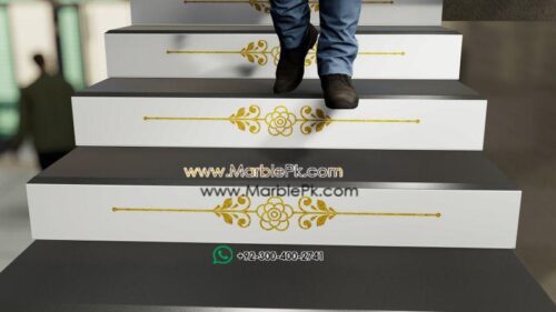 Jet Black Granite with Golden white Carved CNC Floral Riser 1 Marble Granite Stairs Design in pakistan www.Marblepk.com 9