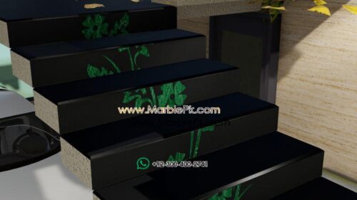 Jet Black Granite with Green Marble Flower Luxury Marble Granite Stairs Design in pakistan www.Marblepk.com 1
