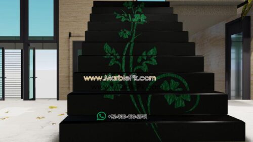 Jet Black Granite with Green Marble Flower Luxury Marble Granite Stairs Design in pakistan www.Marblepk.com 7