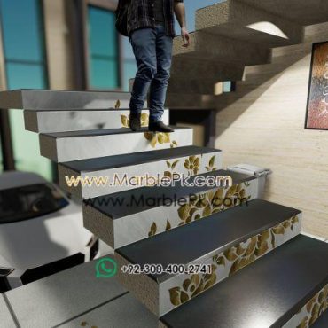 Jet Black Granite with Onyx Inlay Flower Fine Luxury Marble Granite Stairs Design in pakistan www.Marblepk.com 1