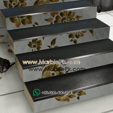 Jet Black Granite with Onyx Inlay Flower Fine Luxury Marble Granite Stairs Design in pakistan www.Marblepk.com 2