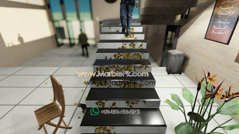 Jet Black Granite with Onyx Inlay Flower Fine Luxury Marble Granite Stairs Design in pakistan www.Marblepk.com 3