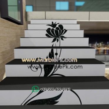 Jet Black Granite with White Emerald Pearl Inlay Floral Staircase Fine Luxury Marble Granite Stairs Design in pakistan www.Marblepk.com 5