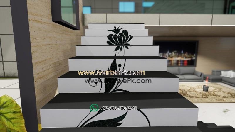 Emerald Pearl granite Stairs in Pakistan Jet Black Granite with White Emerald Pearl Inlay Floral Staircase Fine Luxury Marble Granite Stairs Design in pakistan www.Marblepk.com 5