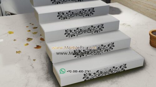 Jet black granite with Black White Carved CNC Floral Riser 2 Marble Granite Stairs Design in pakistan www.Marblepk.com 2