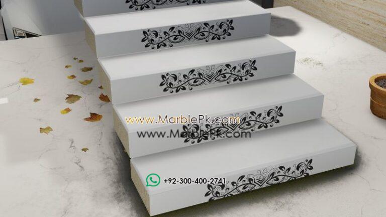 Jet black granite with Black White Carved CNC Floral Riser 2 Marble Granite Stairs Design in pakistan www.Marblepk.com 2