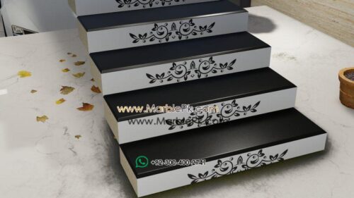 Jet black granite with Black White Carved CNC Riser Marble Granite Stairs Design in pakistan www.Marblepk.com 1