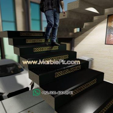 Jet black granite with Golden chain carving Marble Granite Stairs Design in pakistan www.Marblepk.com 7