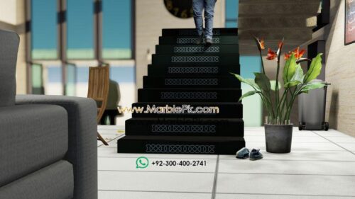 Jet black granite with White chain carving Marble Granite Stairs Design in pakistan www.Marblepk.com 6