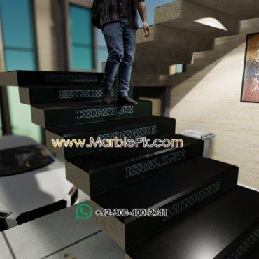 Jet black granite with White chain carving Marble Granite Stairs Design in pakistan www.Marblepk.com 7