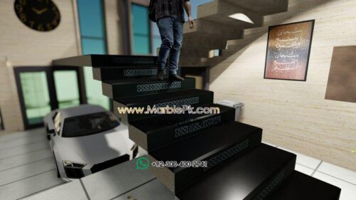 Jet black granite with White chain carving Marble Granite Stairs Design in pakistan www.Marblepk.com 7