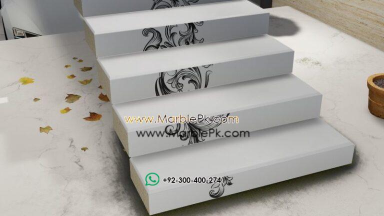 Snow White Granite with Black Carving Flower Artistic Luxury Marble Granite Stairs Design in pakistan www.Marblepk.com 1