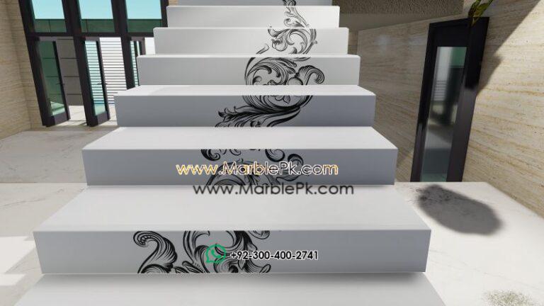 Snow White Granite with Black Carving Flower Artistic Luxury Marble Granite Stairs Design in pakistan www.Marblepk.com 3
