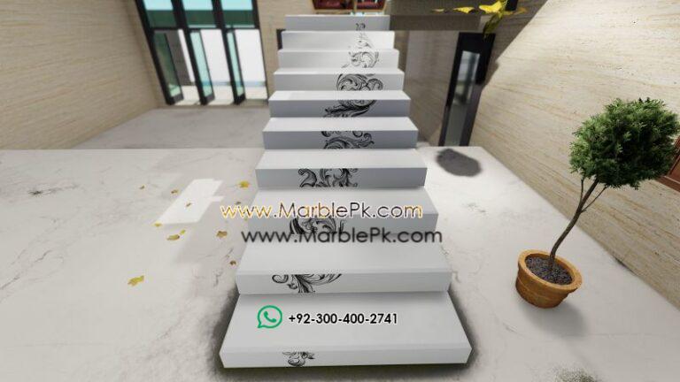 Snow White Granite with Black Carving Flower Artistic Luxury Marble Granite Stairs Design in pakistan www.Marblepk.com 6