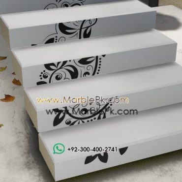 Snow White Granite with Fine CNC Black Carving Floral Fine Luxury Marble Granite Stairs Design in pakistan www.Marblepk.com 1