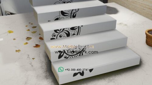 Snow White Granite with Fine CNC Black Carving Floral Fine Luxury Marble Granite Stairs Design in pakistan www.Marblepk.com 1