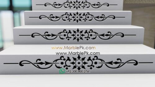 Snow White Granite with cnc riser black floral Marble Granite Stairs Designs in Pakistan www.marblepk.com 1