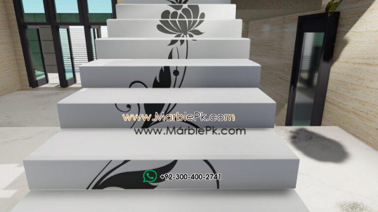 Snow White with Black Inlay Floral Staircase Fine Luxury Marble Granite Stairs Design in pakistan www.Marblepk.com 3