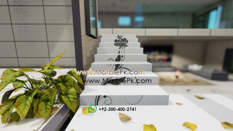 Snow White with Black Inlay Floral Staircase Fine Luxury Marble Granite Stairs Design in pakistan www.Marblepk.com 5