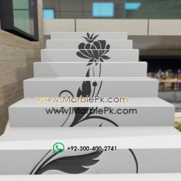 Snow White with Black Inlay Floral Staircase Fine Luxury Marble Granite Stairs Design in pakistan www.Marblepk.com 7