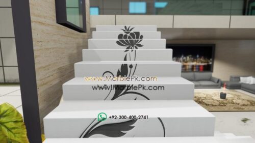 Snow White with Black Inlay Floral Staircase Fine Luxury Marble Granite Stairs Design in pakistan www.Marblepk.com 7
