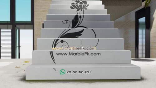Snow White with Black Inlay Floral Staircase Fine Luxury Marble Granite Stairs Design in pakistan www.Marblepk.com 8