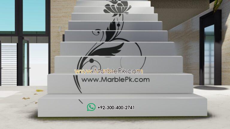 Snow White with Black Inlay Floral Staircase Fine Luxury Marble Granite Stairs Design in pakistan www.Marblepk.com 8